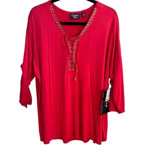 Onque Casual Nautical Sailor Girl Lace Up Grommet V-Neck Tunic Tomato Red 1X NWT